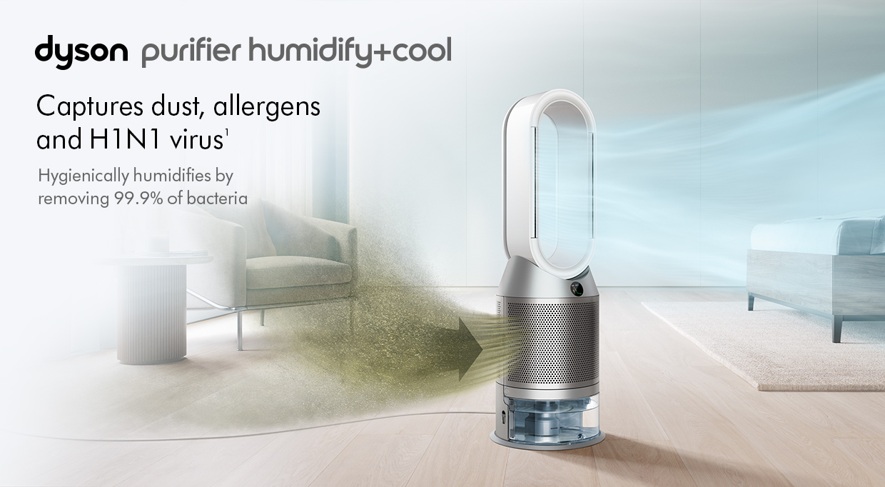dyson purifier humidy+cool Captures, dust, allergens and H1N1 virus. hygienically humidifies by removing 99.9% of bacteria